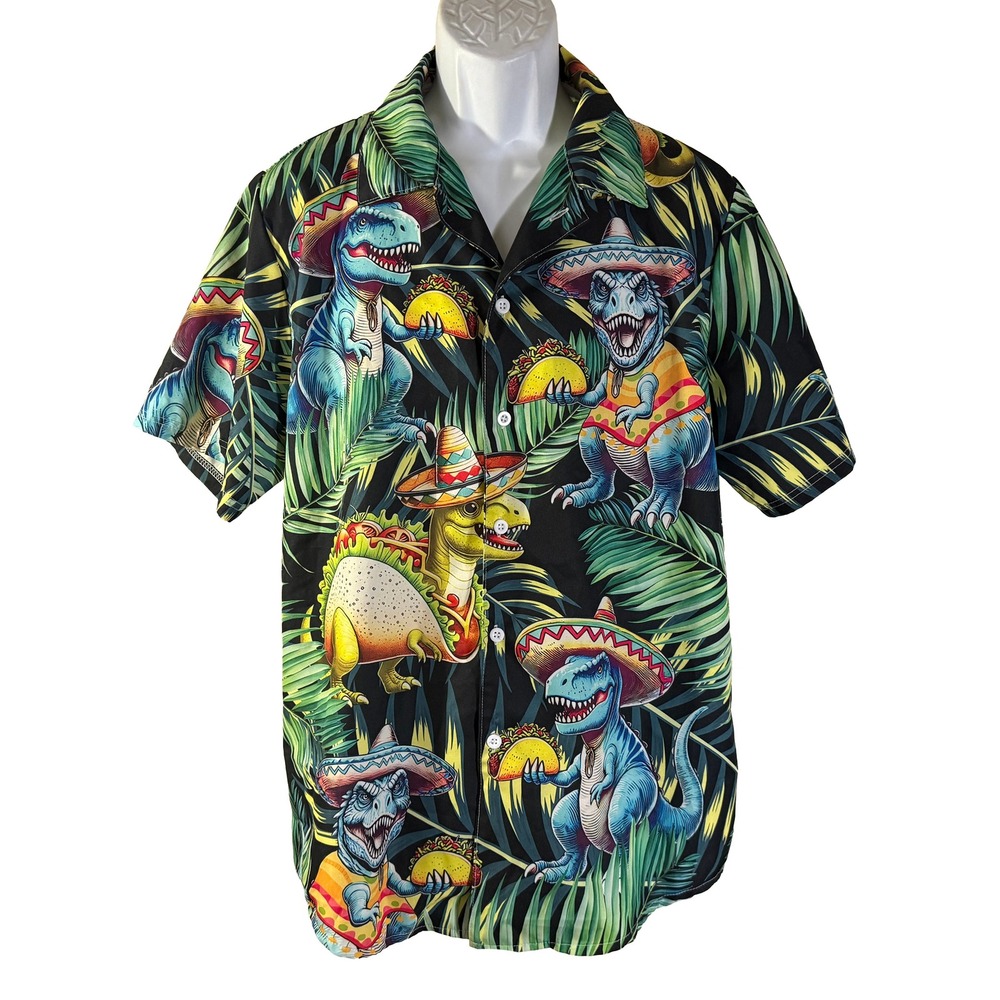 Unbranded Dinosaur Taco Button Down‎ Shirt Mens Medium Black Tropical Sombrero